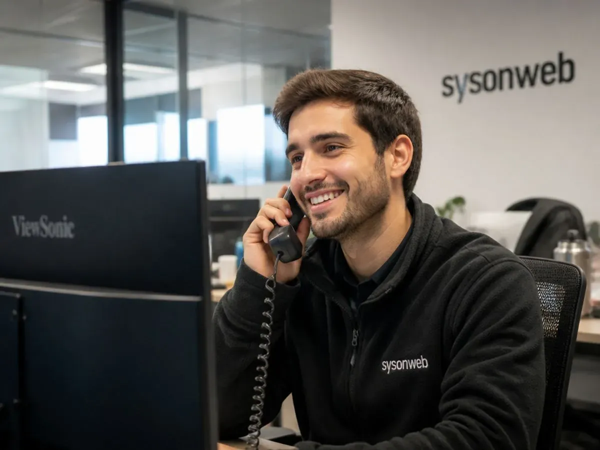 Agente de soporte de SysonWeb sonriendo mientras atiende una llamada